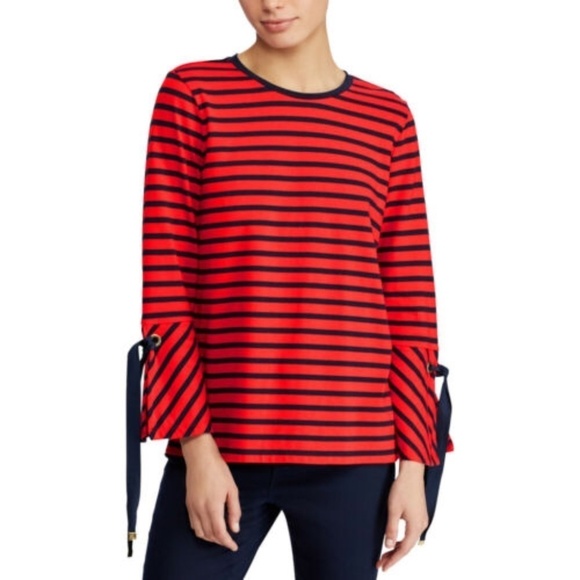 Lauren Ralph Lauren Striped Tie-Cuff Top - Picture 1 of 11